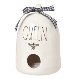 NIB Rae Dunn Queen 🐝 Bell Shaped Birdhouse-White/Cream with Checkered Bow